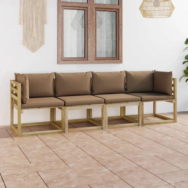 Sofá de jardim 4 lugares com almofadões cinza-acastanhado