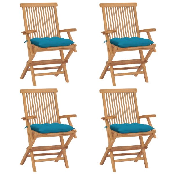 Cadeiras de jardim c/ almofadões azuis-claros 4 pcs teca maciça