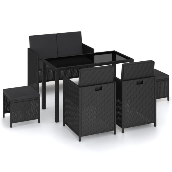 6 pcs conjunto jantar exterior com almofadões vime PE preto