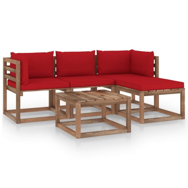 5 pcs conjunto lounge de jardim c/ almofadões vermelhos