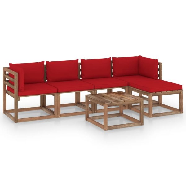 6 pcs conjunto lounge de jardim c/ almofadões vermelhos