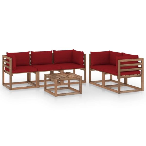 6 pcs conjunto lounge de jardim c/ almofadões vermelho tinto