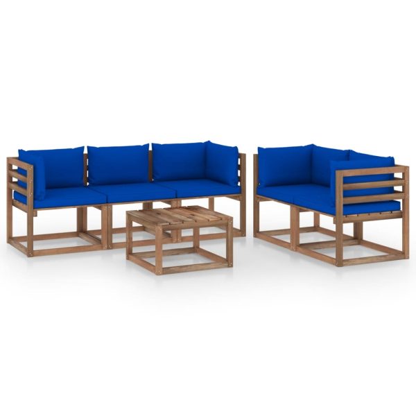 6 pcs conjunto lounge de jardim c/ almofadões azuis
