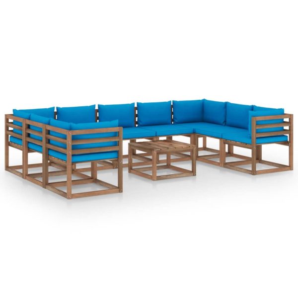10 pcs conjunto lounge de jardim c/ almofadões azuis