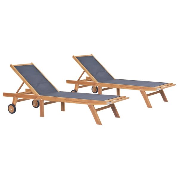Espreguiçadeiras dobráveis c/ rodas 2 pcs teca maciça/textilene