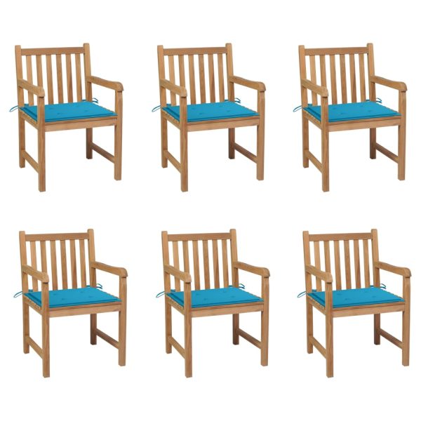 Cadeiras de jardim c/ almofadões azuis 6 pcs teca maciça