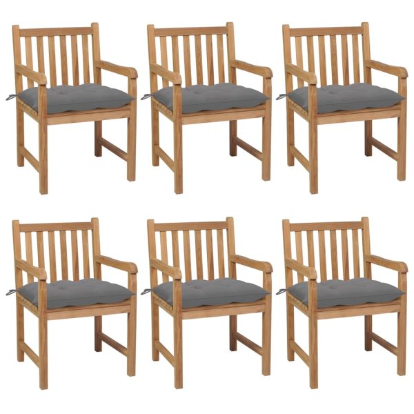 Cadeiras de jardim c/ almofadões cinzentos 6 pcs teca maciça