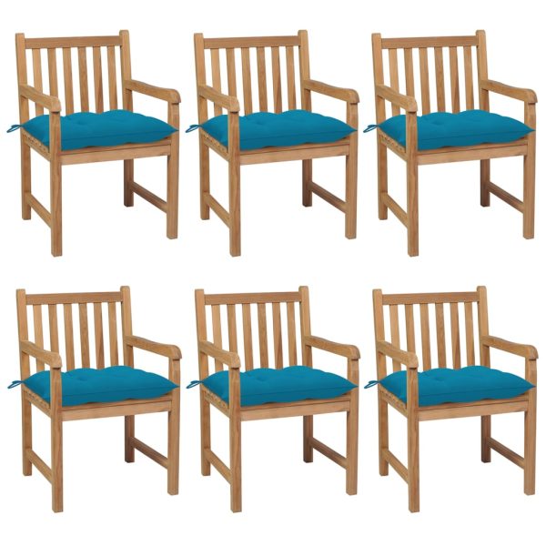Cadeiras de jardim c/ almofadões azul-claro 6 pcs teca maciça