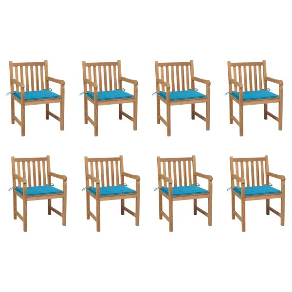 Cadeiras de jardim c/ almofadões azul 8 pcs teca maciça