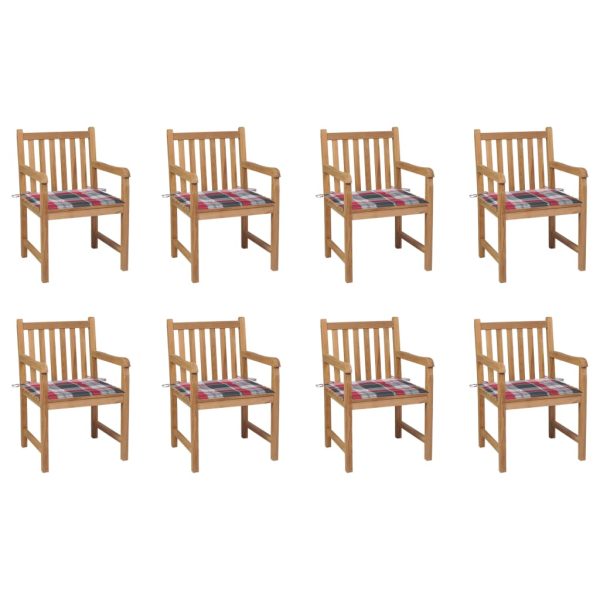 Cadeiras de jardim almofadões xadrez vermelho 8 pcs teca maciça