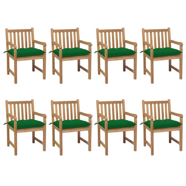 Cadeiras de jardim c/ almofadões verdes 8 pcs teca maciça