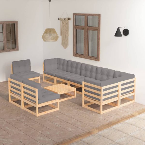10 pcs conjunto lounge de jardim c/ almofadões pinho maciço