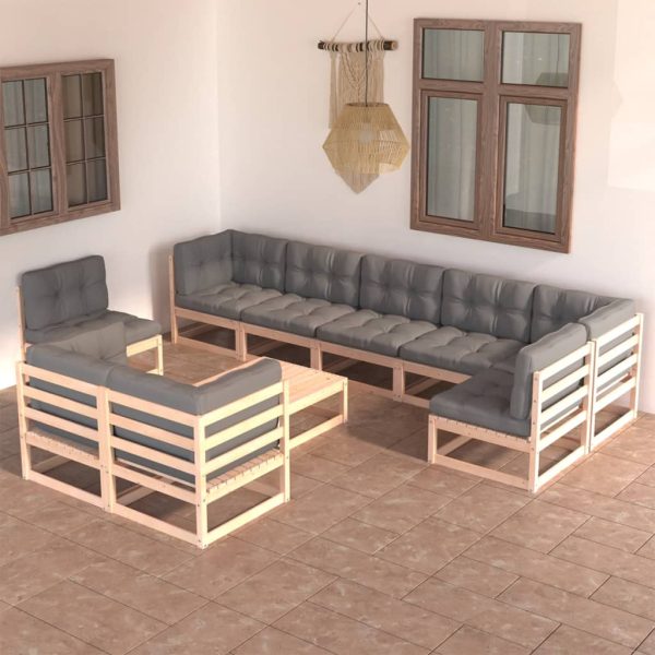 10 pcs conjunto lounge de jardim c/ almofadões pinho maciço