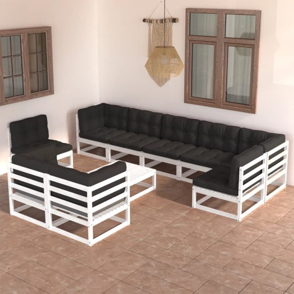 10 pcs conjunto lounge de jardim c/ almofadões pinho maciço