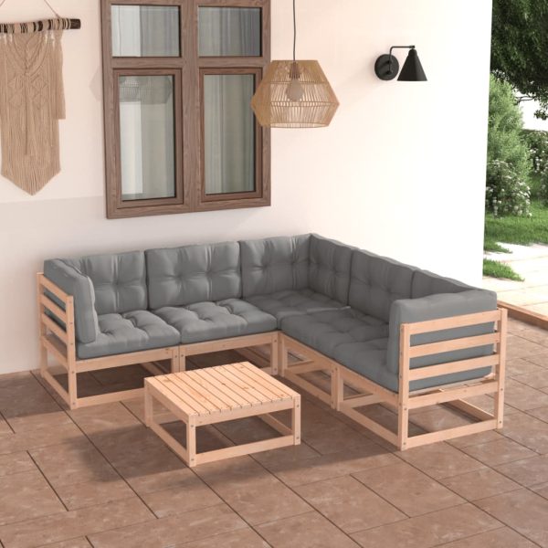 6 pcs conjunto lounge de jardim c/ almofadões pinho maciço