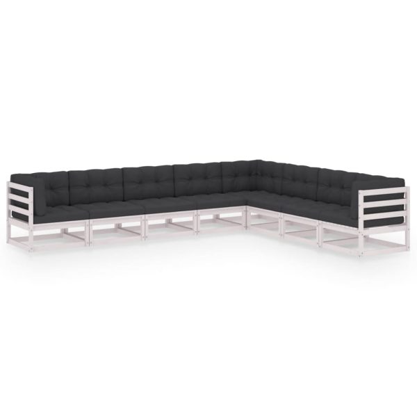 8 pcs conj. lounge de jardim c/ almofadões pinho maciço branco