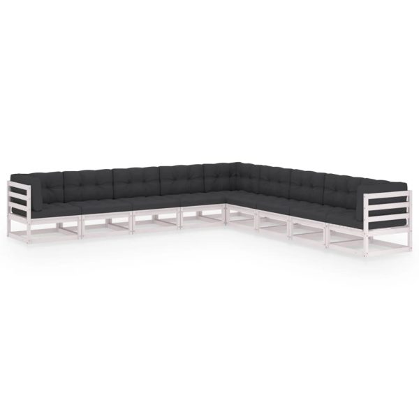9 pcs conj. lounge de jardim c/ almofadões pinho maciço branco