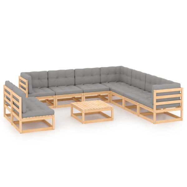 10 pcs conjunto lounge de jardim c/ almofadões pinho maciço