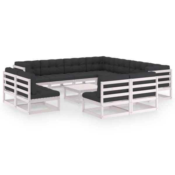 12 pcs conj. lounge de jardim c/ almofadões pinho maciço branco