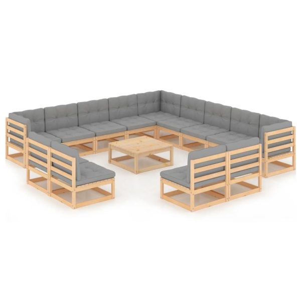 14 pcs conjunto lounge de jardim com almofadões pinho maciço