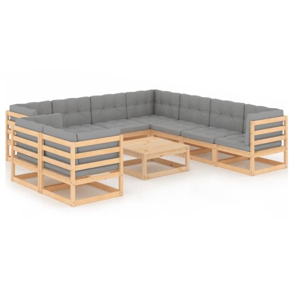 10 pcs conjunto lounge de jardim c/ almofadões pinho maciço