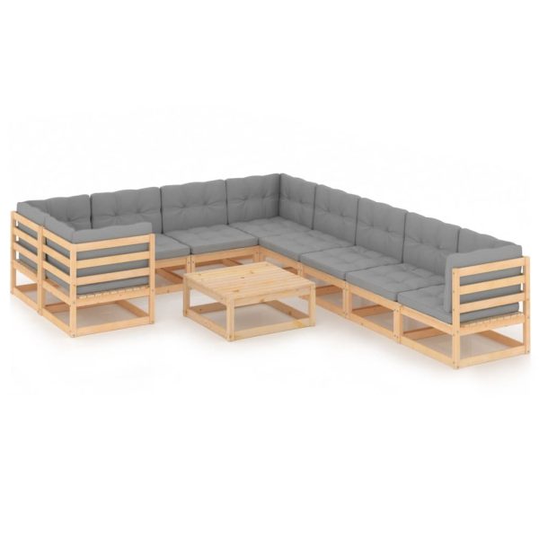 10 pcs conjunto lounge de jardim c/ almofadões pinho maciço