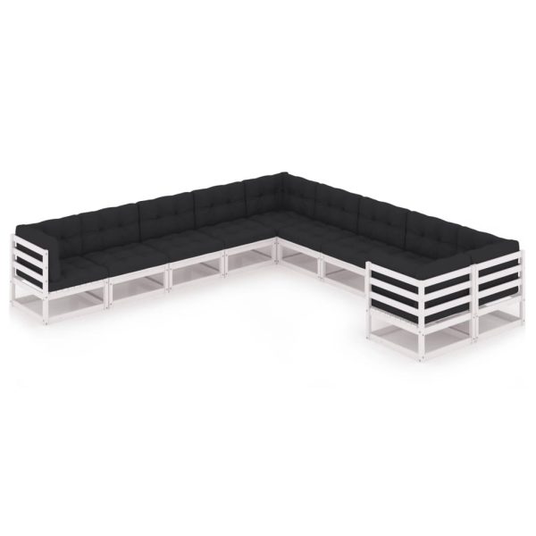 10 pcs conj. lounge de jardim c/ almofadões pinho maciço branco