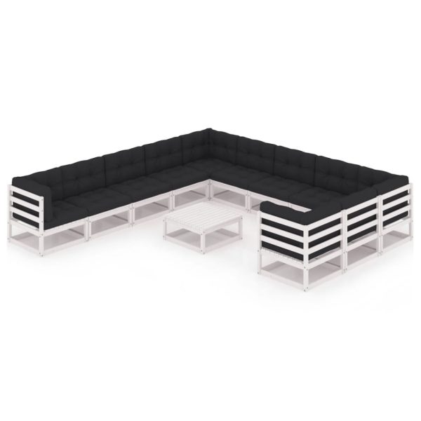 12 pcs conj. lounge de jardim c/ almofadões pinho maciço branco
