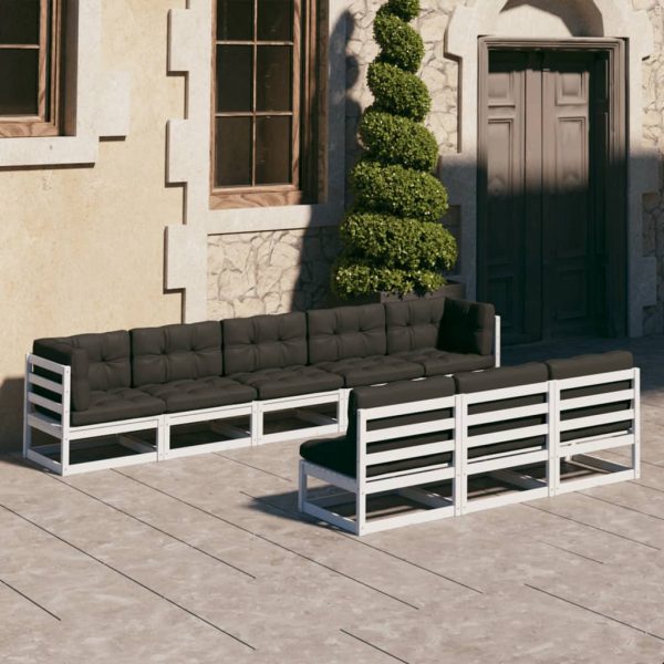 8 pcs conj. lounge de jardim c/ almofadões pinho maciço branco