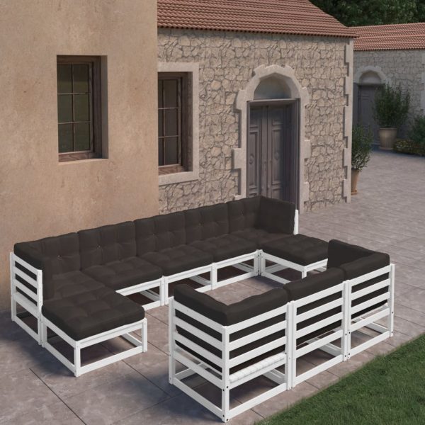 10 pcs conj. lounge de jardim c/ almofadões pinho maciço branco