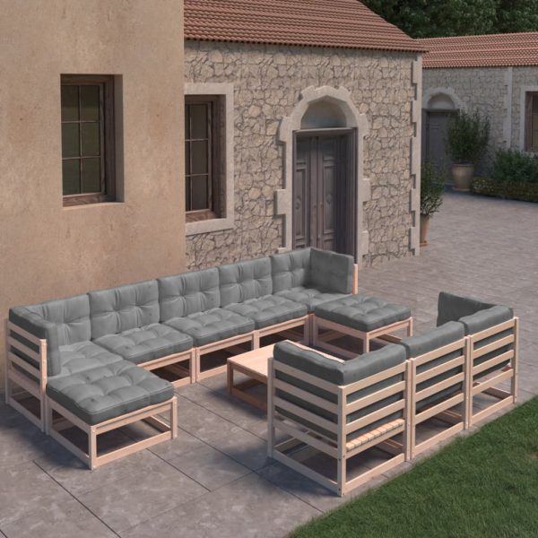 11 pcs conjunto lounge de jardim c/ almofadões pinho maciço