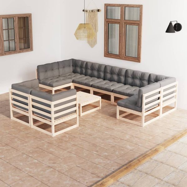 10 pcs conjunto lounge de jardim c/ almofadões pinho maciço
