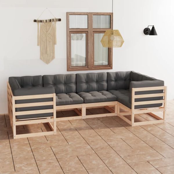 6 pcs conjunto lounge de jardim c/ almofadões pinho maciço