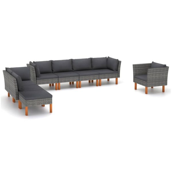8 pcs conj. lounge jardim vime PE e madeira eucalipto cinzento