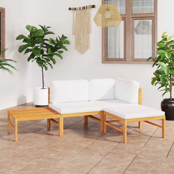 4 pcs conj. lounge de jardim + almofadões cor creme teca maciça