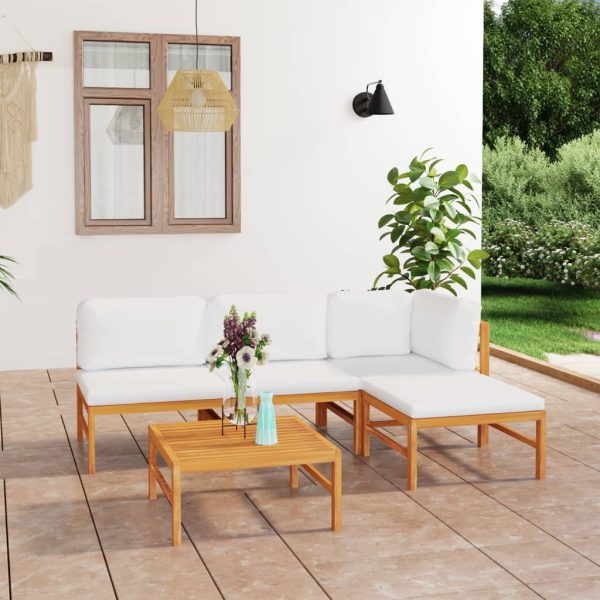 5 pcs conj. lounge de jardim + almofadões cor creme teca maciça