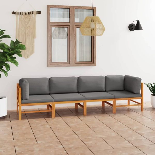 Sofá de jardim 4 lugares c/ almofadões cinzentos teca maciça