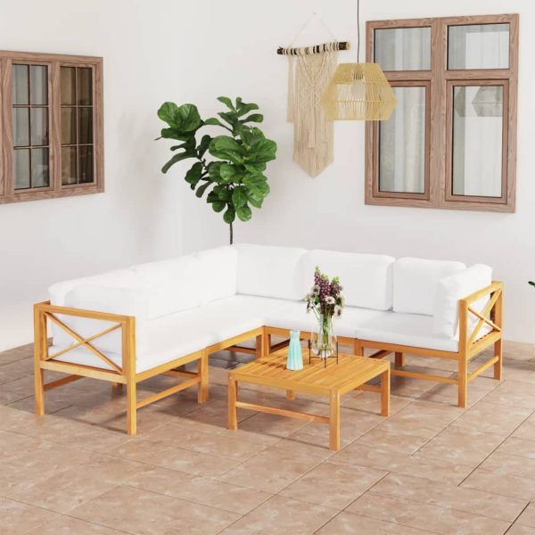 6 pcs conj. lounge de jardim + almofadões cor creme teca maciça