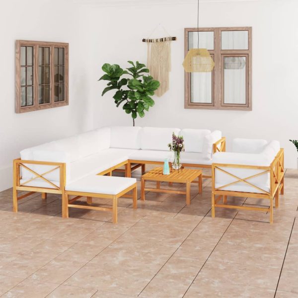 10 pcs conj. lounge jardim c/ almofadões cor creme teca maciça