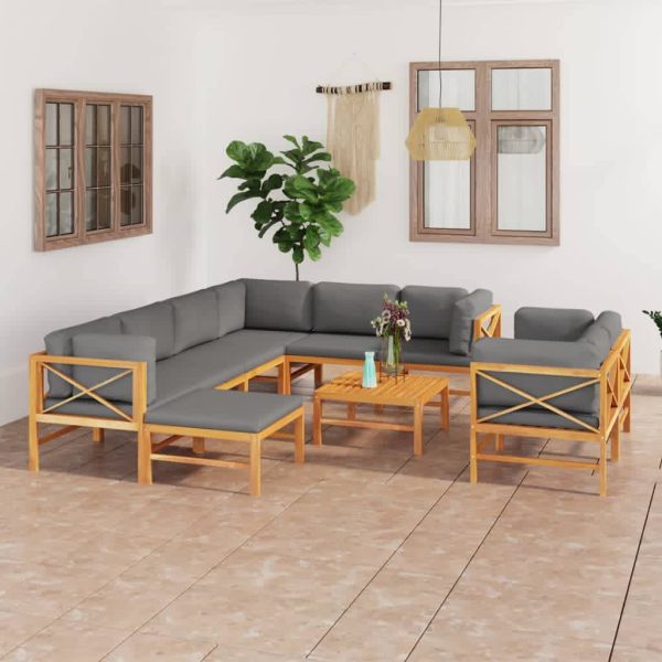 10 pcs conj. lounge jardim c/ almofadões cinzentos teca maciça
