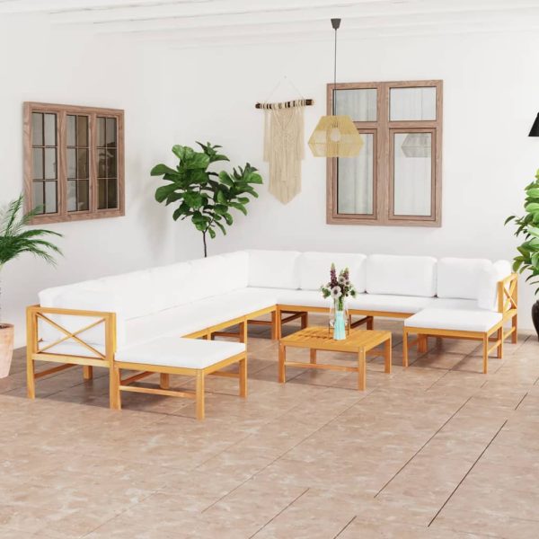 11 pcs conj. lounge jardim c/ almofadões cor creme teca maciça