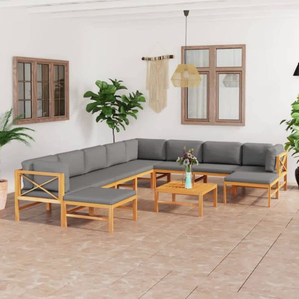 11 pcs conj. lounge jardim c/ almofadões cinzentos teca maciça