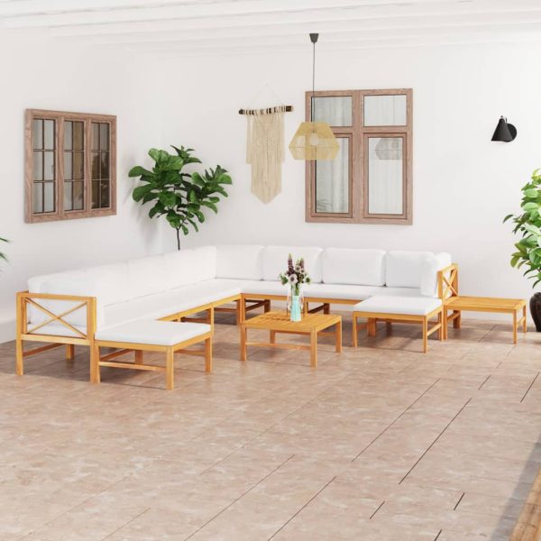 12 pcs conj. lounge jardim c/ almofadões cor creme teca maciça