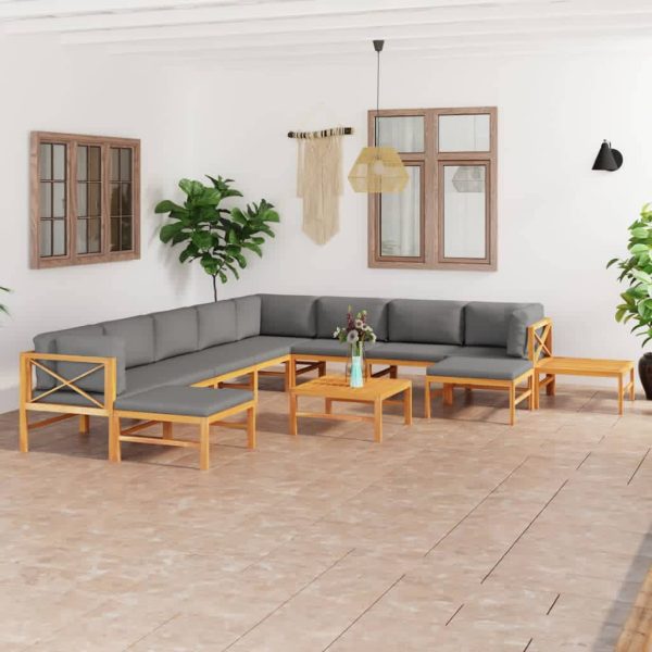 12 pcs conj. lounge jardim c/ almofadões cinzentos teca maciça