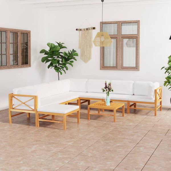 9 pcs conj. lounge jardim c/ almofadões cor creme teca maciça