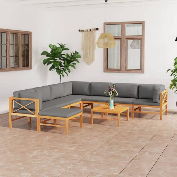 9 pcs conj. lounge jardim c/ almofadões cinzentos teca maciça