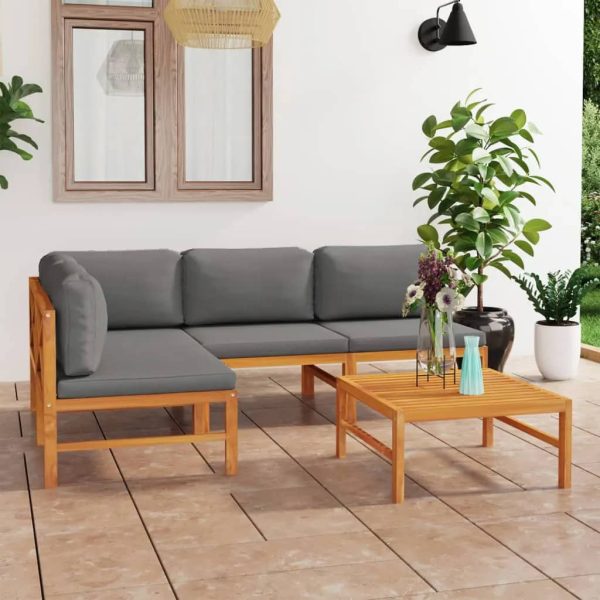 5 pcs conj. lounge jardim c/ almofadões cinzentos teca maciça