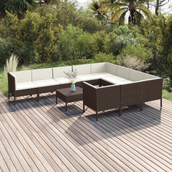 11 pcs conjunto lounge jardim c/ almofadões vime PE castanho