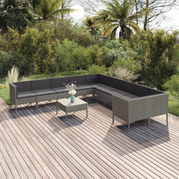 11 pcs conjunto lounge de jardim c/ almofadões vime PE cinzento