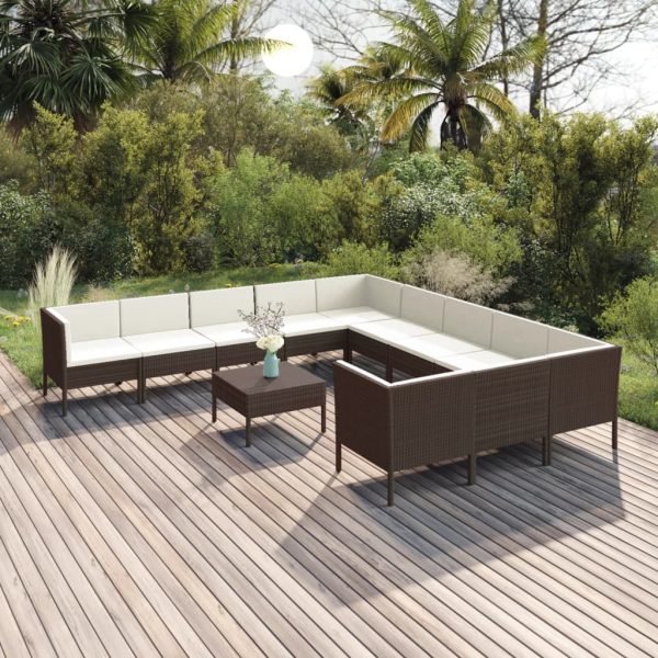 12 pcs conjunto lounge jardim c/ almofadões vime PE castanho